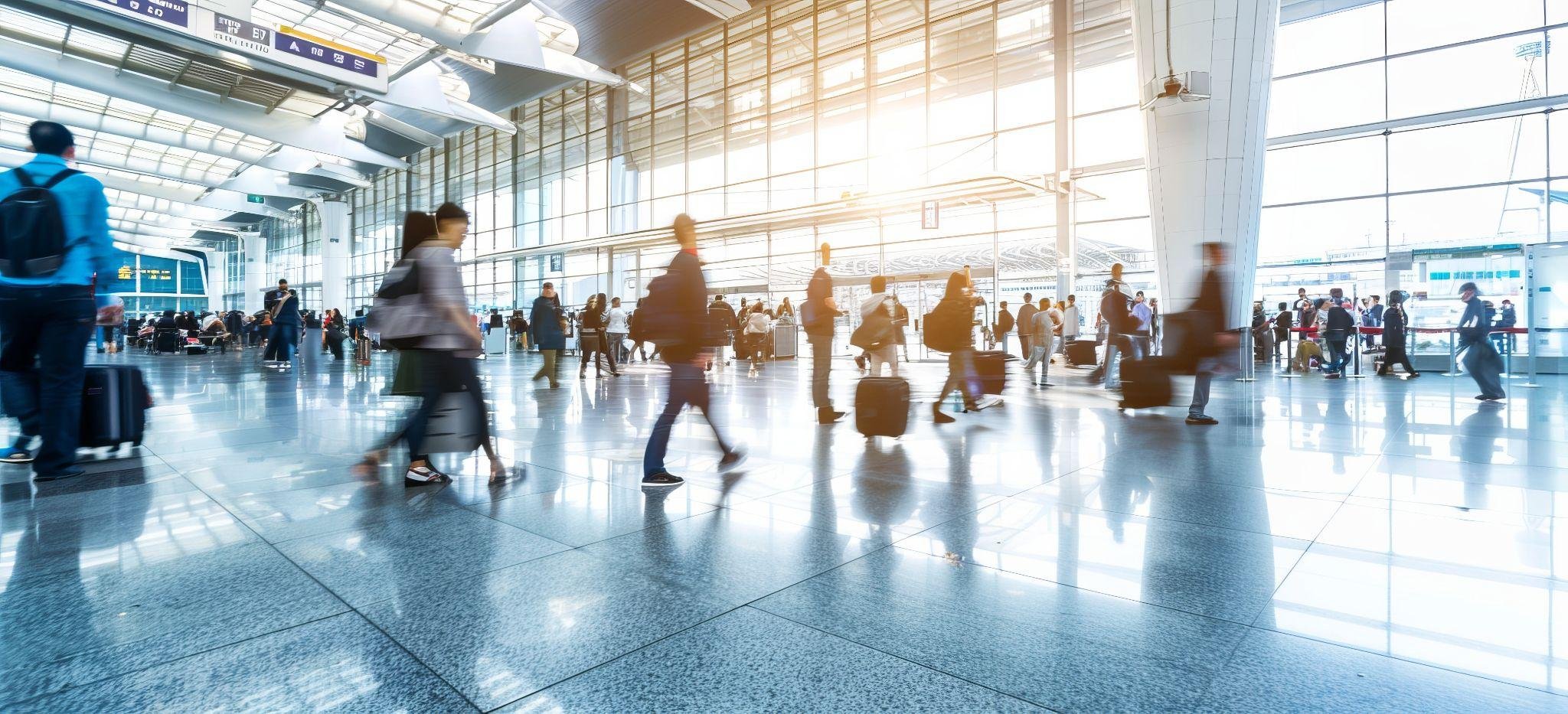 Pasajeros en una terminal aérea internacional moderna